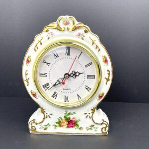 Vintage Quartz Royal Albert Old Country Roses Porcelain Mantel Clock (c.1980s)